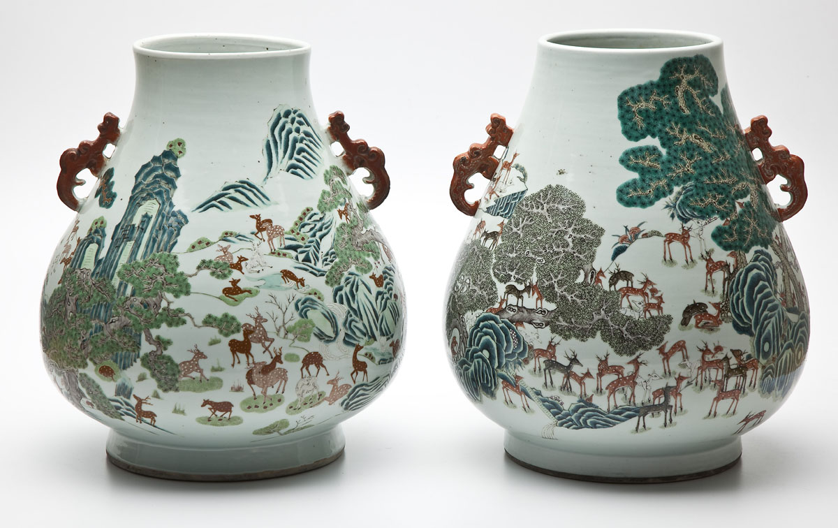 Pair Chinese Famille Verte 100 Deer Vases ($60,000)